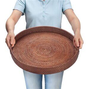 New 16.9 inch Round Rattan Tray, Woven Large Serving Tray with Handles, Wicker